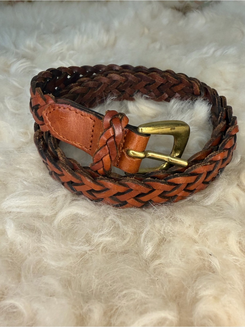 Vintage 90s Chico's Braided Leather Belt in Brown with Brass Buckle
